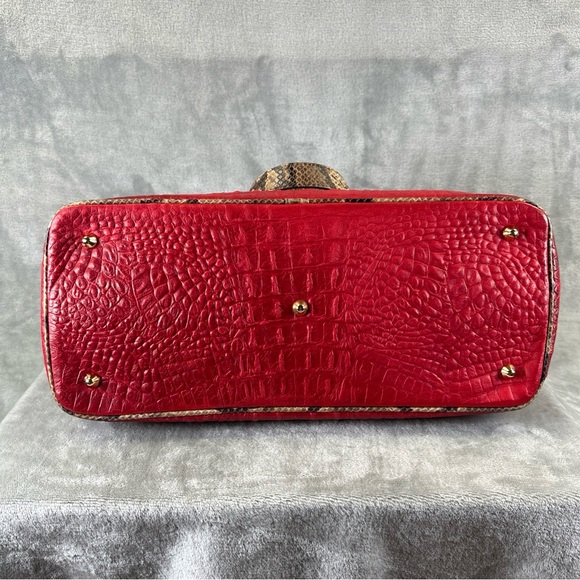 Fontanelli Handbag Purse Red Leather Croc Embossed w/ Snake Skin Trim - Picture 5 of 14